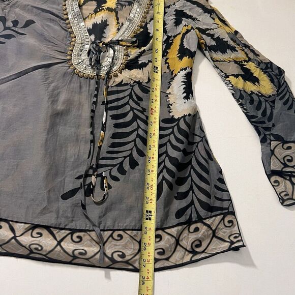 Hale Bob Top Women’s XS Silk Cotton Bell Sleeve Fairy Beaded Boho Blouse - Picture 6 of 7